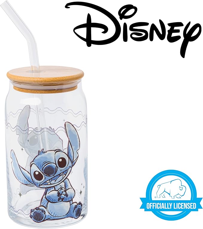 Silver Buffalo Disney Lilo and Stitch Sitting Glass Jar Tumbler with Bamboo Lid and Glass Straw, 16 Ounces