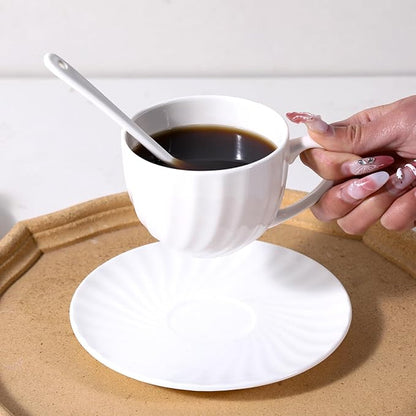 Fine Bone China Cappuccino Mugs Set of 4, 7 Oz Spiral Pattern Lightweight Ceramic, Art Coffee Cups with Saucers, for Latte, Mocha, Tea, Espresso, Macchiato, Americano