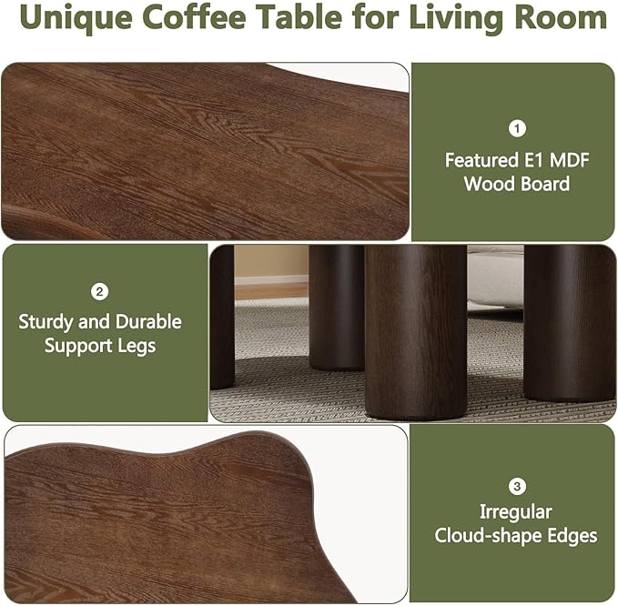 46" Retro Brown Cloud Coffee Table, Modern Round Edge Coffee Table with 4 Sturdy Support Legs and 2.67" Thick Tabletop,Easy Match for Living Room, Bedroom, Balcony,Patio