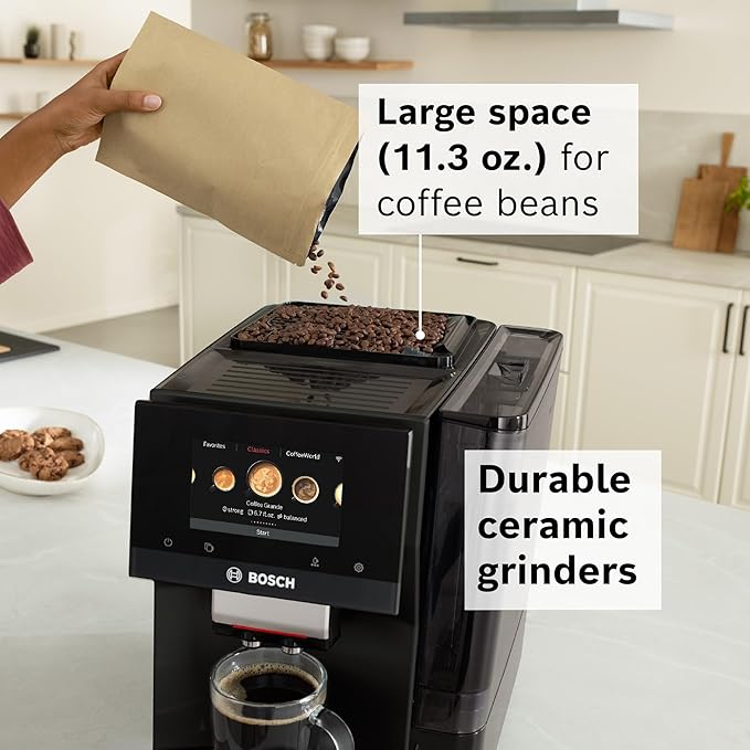 BOSCH 800 Series Fully Automatic Espresso and Coffee Machine – 35 Drinks, Cold Brew, Double Cup, Milk Hose, Ceramic Grinder, Smart Features, in Black TPU60309