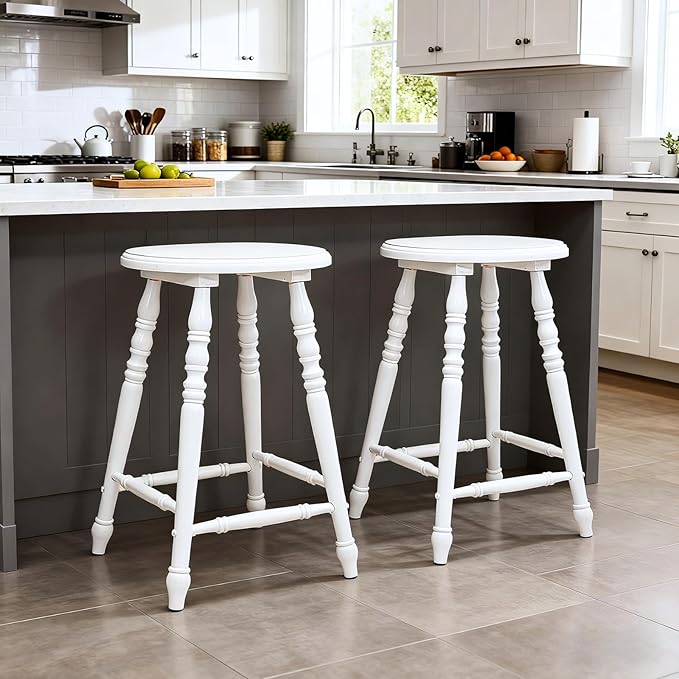 chairus 24" White Backless Counter Height Bar Stools Set of 4, Farmhouse Wooden Counter Stools with Round Seat & Turned Legs, Rustic Vintage Colonial Short Bar Chairs for Kitchen Island