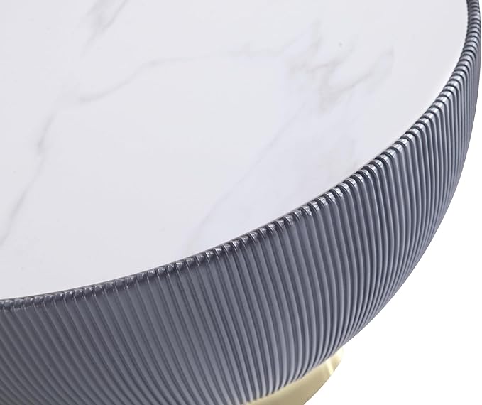 Manhattan Comfort Modern Anderson Coffee Table, 1.0 & 2.0 End Table, Upholstered in Grey Leatherette with Ceramic Faux Tabletop and Gold Metal Tabletop- Set of 3