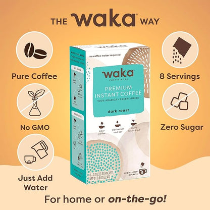 Waka Premium Instant Coffee Sachets — 100% Arabica Freeze Dried Beans — For Hot or Iced Coffee (8 Count, Dark Roast)