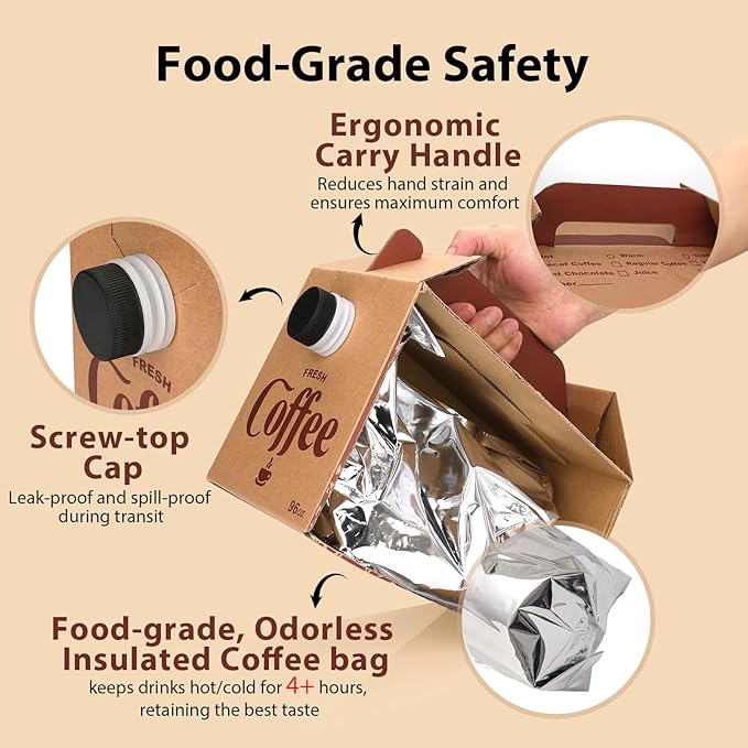 10 Pack Disposable Coffee Box Dispensers Coffee to Go Drink Containers Insulated Hot Beverage Dispenser coffee Carrier with Handle Beverage Server for Parties Catering Take Out (96 oz)