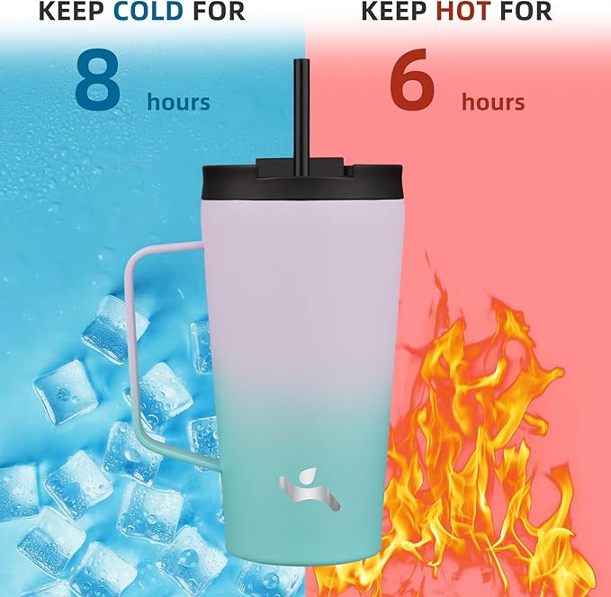 Insulated Tumbler with Handle and Straw, 18 OZ Travel Coffee Mug Stainless Steel Cup Metal Water Bottle,Lavender Green