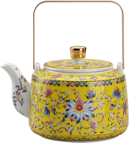 Antique Ceramic Teapot Coffee Pot with Infuser, 400ml (1-2 cups) Small Porcelain Tea Pots for Loose Leaf Tea, with Removable Stainless Steel Strainer and Lid for Gift (Yellow(Handle))