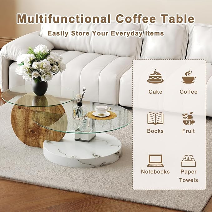 42 Inch Glass Coffee Table，Round Coffee Table with 2-Tier Tempered Glass Tabletop，Easy to Clean Circle Coffee Table with Sturdy Base for Living Room，Office （Brown & White Marble Colored Base）