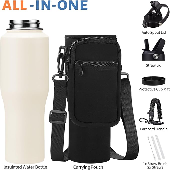40 32 oz Water Bottle Insulated - with Straw & Auto Chug Lid, Paracord Handle, Metal Water Bottle Carrier Bag, Keep Cold and Hot Travel Coffee Cup Fit for any Car Cup Holder