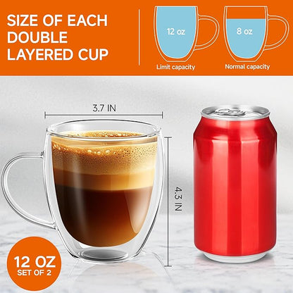 12 Ounces Set of 2 Double Walled Glass Coffee Mugs with Handle Insulated Layer Coffee Cups Borosilicate Glass Espresso Double Insulated Clear Glass Coffee Mug for Hot Beverages