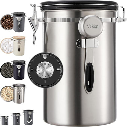 Veken Coffee Canister, 39OZ Large, Airtight Stainless Steel Food Storage Container for 2.2lbs Coffee Beans, Ground, Sugar, Tea, Flour, Cereal, Kitchen Bar Accessories with Date Tracker & Scoop, Silver