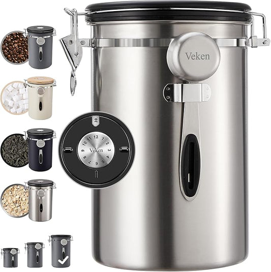 Veken Coffee Canister, 39OZ Large, Airtight Stainless Steel Food Storage Container for 2.2lbs Coffee Beans, Ground, Sugar, Tea, Flour, Cereal, Kitchen Bar Accessories with Date Tracker & Scoop, Silver