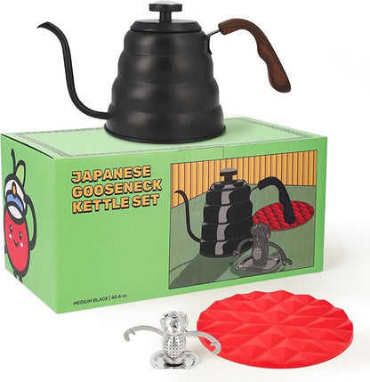 Japanese Gooseneck Kettle Stovetop with Thermometer and Insulated Handle (4-piece, 40.6 oz /1200ml), Stainless Steel Pour Over Tea Stovetop Kettle, Precision Pour Kettles Pot for Coffee & Tea (Black)
