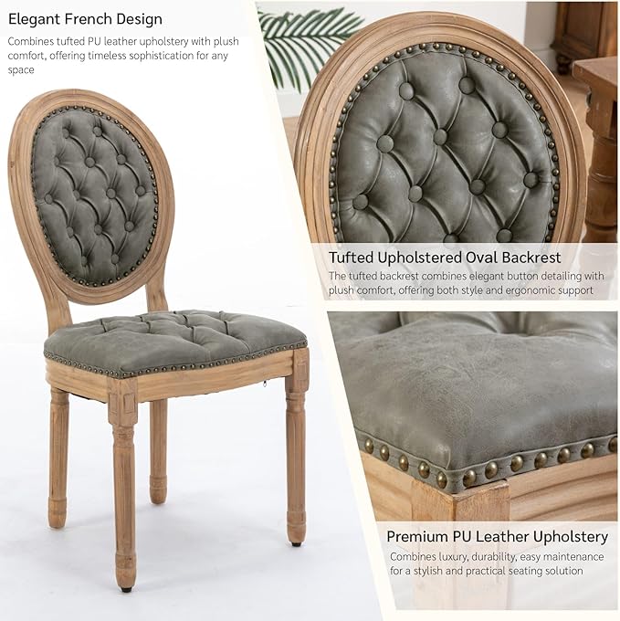 French Country Dining Chairs Set of 8, Vintage Wooden Dining Chairs with PU Leather Upholstered Tufted Seat,Solid Wood Legs&Frame, Farmhouse Kitchen&Living Room Chairs(Pine Green,8 Pcs)