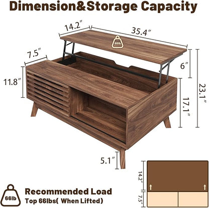 HAIOOU Lift Top Coffee Table, Mid Century Modern Coffee Table with Storage for Living Room, Walnut Coffee Tables with Sliding Fence Door, 35.4'' Rectangular Fluted Center Table (Brown)