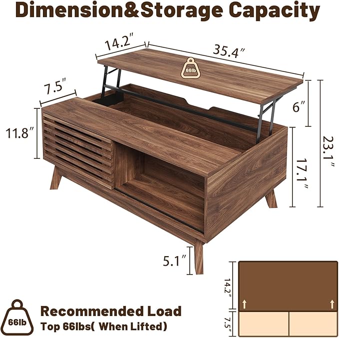 HAIOOU Lift Top Coffee Table, Mid Century Modern Coffee Table with Storage for Living Room, Walnut Coffee Tables with Sliding Fence Door, 35.4'' Rectangular Fluted Center Table (Brown)