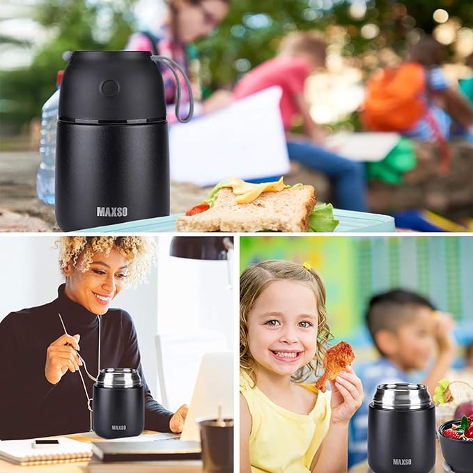 MAXSO 2 Pack Soup Thermo for Hot & Cold Food for Kids Adults, Vacuum Insulated Food Jar Thermal Lunch Containers, Travel Food Flask with Spoon (24 oz,17 oz) (Black)