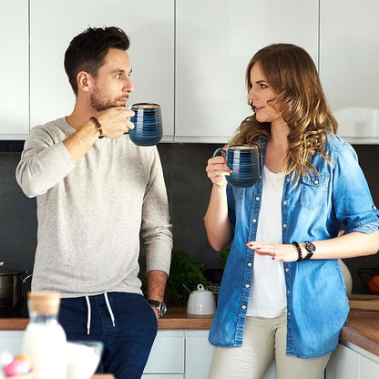 20 oz Stoneware Coffee Mugs, Large Ceramic Coffee Cups Set of 2 for Tea Soup Cereal Cocoa, Pottery Mugs for Office and Home, Unique Latte Cups for Men/Women Gift, Blue