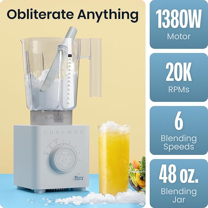 Chefman Obliterator 48 oz Countertop Blender for Smoothies, 1380W Motor to Crush Ice, Nuts, and Frozen Fruit with Stainless Steel Blade, Auto Blend Function, Includes Tamper and Scraper
