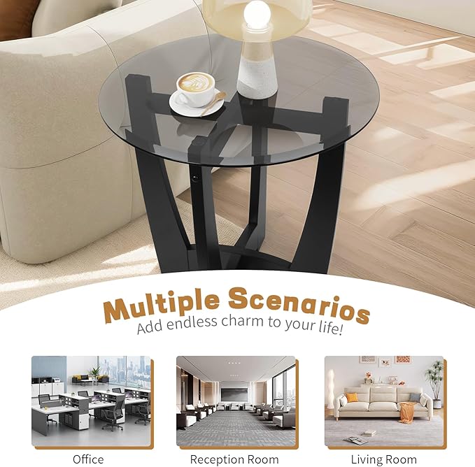 Glass End Table, 23.5" Round Side Tables with Black Tempered Glass Top Cross and Solid Wood Base Small Night Stand for Living Room Office Apartment Black