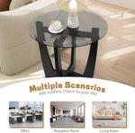 Load image into Gallery viewer, Glass End Table, 23.5" Round Side Tables with Black Tempered Glass Top Cross and Solid Wood Base Small Night Stand for Living Room Office Apartment Black