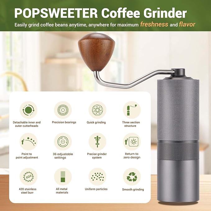 Popsweet C38 Manual Coffee Grinder With Detachable Stainless Steel Tapered Outer Burrs, Grinding 400 pounds Coffee Beans, 36 Manual Adjustable Espresso Grinder, Perfect For Homes, Offices, And Camping