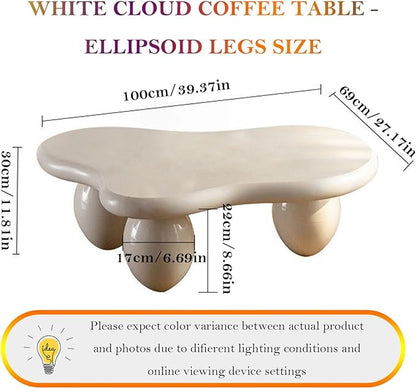 Stylish Irregular Cloud Coffee Table Mid-Century White Low Center Table - 3 Stable Ellipsoid Leg, for Living Room Bedroom Lounge (E-39.37in)
