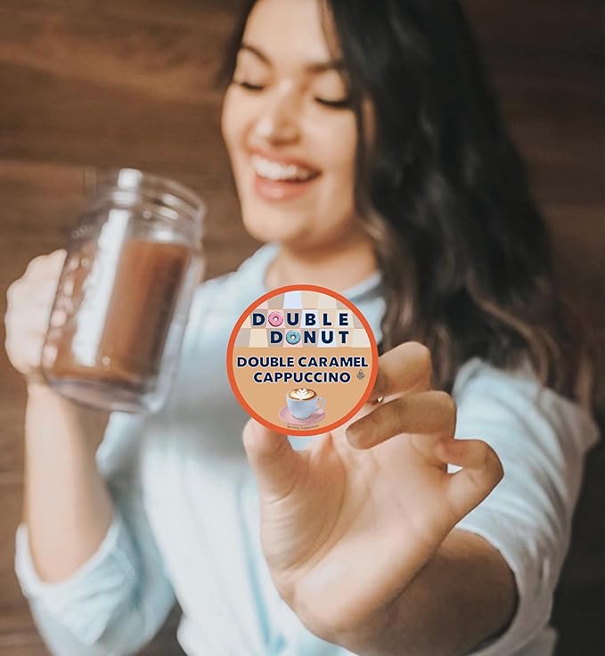 Double Donut Coffee Cappuccino Pods, Caramel Cappuccino, Single Serve for Keurig K Cups Brewers, 24 Count