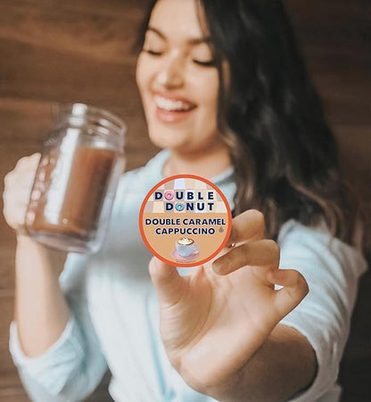 Double Donut Coffee Cappuccino Pods, Caramel Cappuccino, Single Serve for Keurig K Cups Brewers, 24 Count