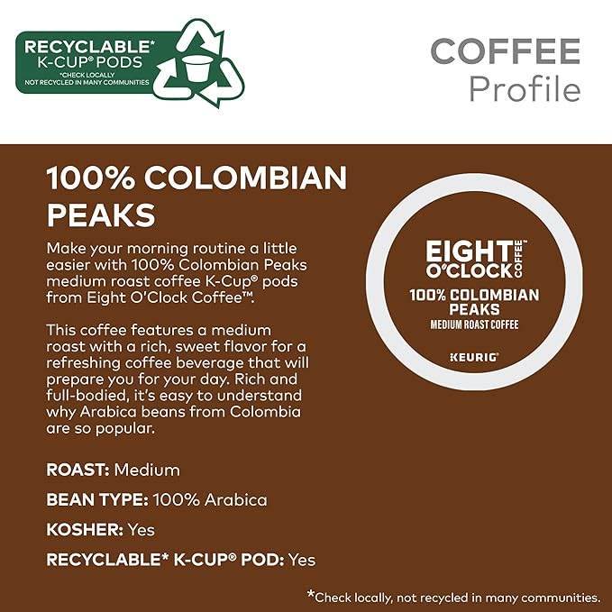 Eight O'Clock Coffee Colombian Peaks, Keurig Single Serve K-Cup Pods, Medium Roast, 12 count, pack of 6