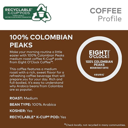 Eight O'Clock Coffee Colombian Peaks Single-Serve Keurig K-Cup Pods, Medium Roast Coffee Pods, 32 Count