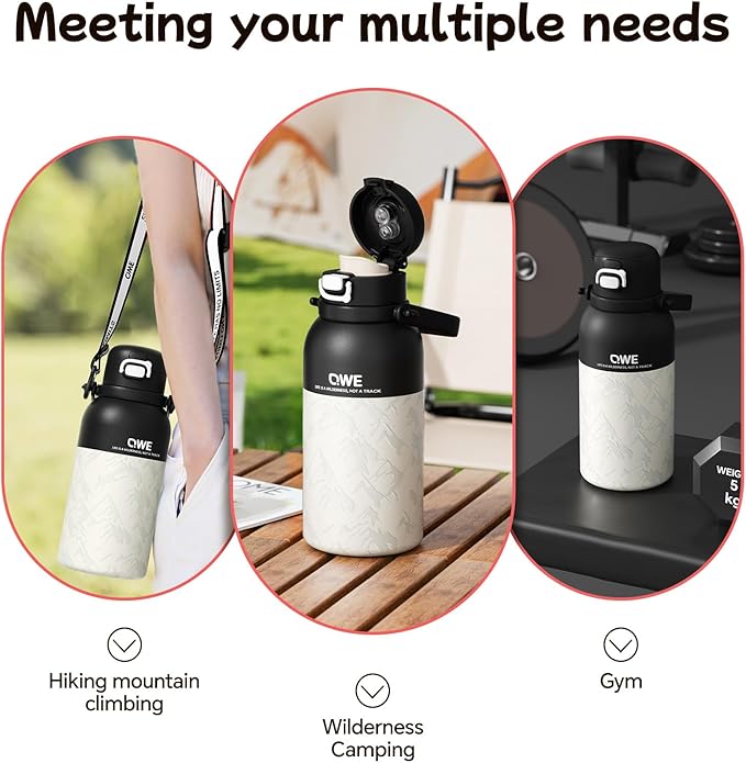 QWE Large Insulated Water Bottle with Straw&Lids,1200ml/40oz Vacuum Sealed Sport Bottles,Double Drinking,Stainless Steel Tumbler with Handle,LeakProof,BPA-Free,for Hiking,Gym,camp (Wilderness Black)