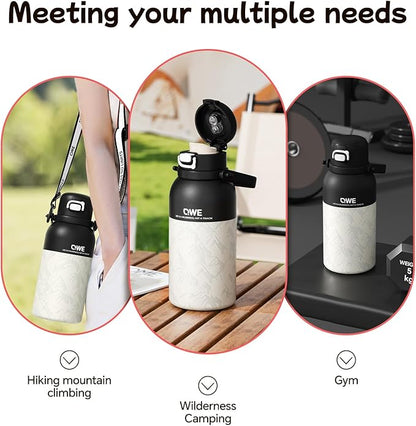 QWE Large Insulated Water Bottle with Straw&Lids,1200ml/40oz Vacuum Sealed Sport Bottles,Double Drinking,Stainless Steel Tumbler with Handle,LeakProof,BPA-Free,for Hiking,Gym,camp (Wilderness Black)