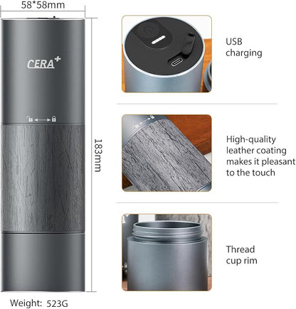 CERA+ Portable Coffee Bean Grinder,Electric Coffee Grinder,Coffee Grinder with 90 Precise Grind Setting,Auto‑Stop & One-Button,Burr Coffee Bean for Espresso,Pour-Over, French Press Moka, with Bag