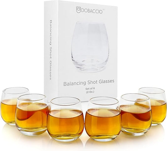 Cool Shot Glasses Set, Round Bottom Balancing Heavy Base Clear Glass, Tequila Vodka Scotch and Liquor Cordial Mini Cups, 2 oz, 6 pcs Gift set
