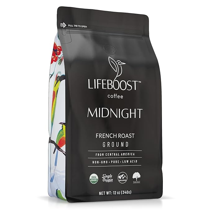 Lifeboost Midnight French Roast Coffee Ground - Non-GMO Single Origin USDA Organic Low Acid Coffee French Roast - Third Party Tested For Mycotoxins & Pesticides - 12 Ounces