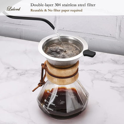 Pour Over Coffee Maker with Stainless Steel Filter, Borosilicate Glass Coffee Carafe, Modern Wooden Collar, Coffee Maker Carafe, Hold 2 Cups, 400 ml/13.5 oz, Clear