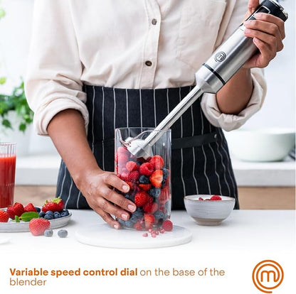 MasterChef Immersion Blender Handheld, Stainless Steel Hand Held Blending Stick Emulsifier with Chopper Attachment and Measuring Jug, Puree Blender for Making Baby Food, Soup, Sauces etc, 400W