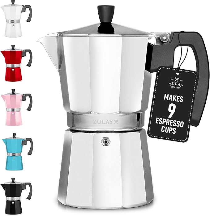 Zulay Moka Pot Espresso Stovetop Coffee Maker - Leak-Proof, Aluminum, Easy to Clean, Heat Resistant Handle & Knob - for Authentic Cuban & Italian Style Espresso - Makes 9 Espresso Cups - Silver