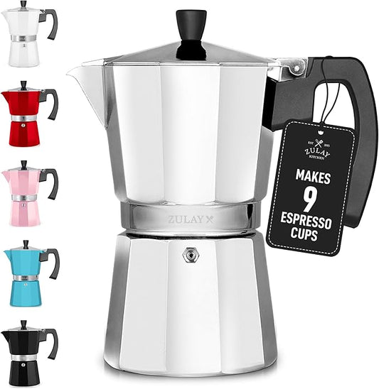 Zulay Moka Pot Espresso Stovetop Coffee Maker - Leak-Proof, Aluminum, Easy to Clean, Heat Resistant Handle & Knob - for Authentic Cuban & Italian Style Espresso - Makes 9 Espresso Cups - Silver