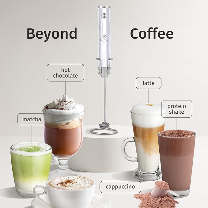 Zulay Kitchen Lux Rechargeable Milk Frother Handheld - Powerful 2-Speed Motor, Fully Waterproof, 2000mAh Battery - Drink Mixer For Latte, Cappuccino, Matcha, Protein Powder - White Marble
