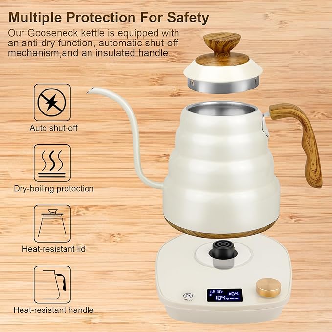 Electric Kettle Gooseneck, Water Electric Kettle with Intelligent Temperature Control Quick Heating 304 Stainless Steel for Coffee Tea Boil Hot Water 1000W 30oz 900ml(Creamy White)