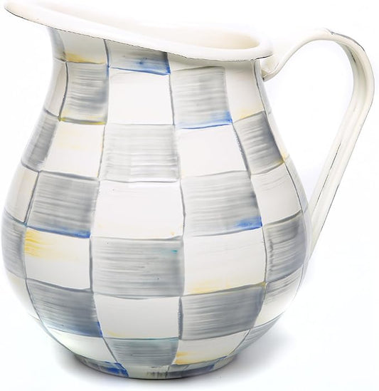 MACKENZIE-CHILDS Enamel Pitcher with Spout for Water, Cut Flowers, and Home Decor, 3 Quarts, Gray-and-White Sterling Check