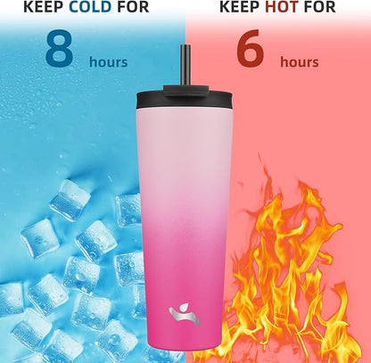 26 OZ Insulated Tumbler with Lid and 2 Straws Stainless Steel Water Bottle Vacuum Travel Mug Coffee Cup,Cherry