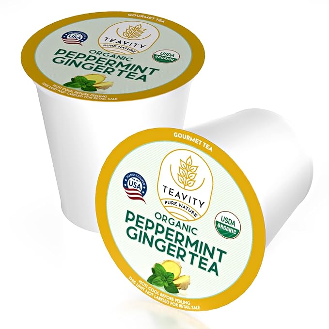 Organic Ginger Tea Pods for Keurig with Organic Peppermint Tea - Decaf Tea for K Cup Brewing Peppermint Ginger by Teavity (12 Tea Pods)