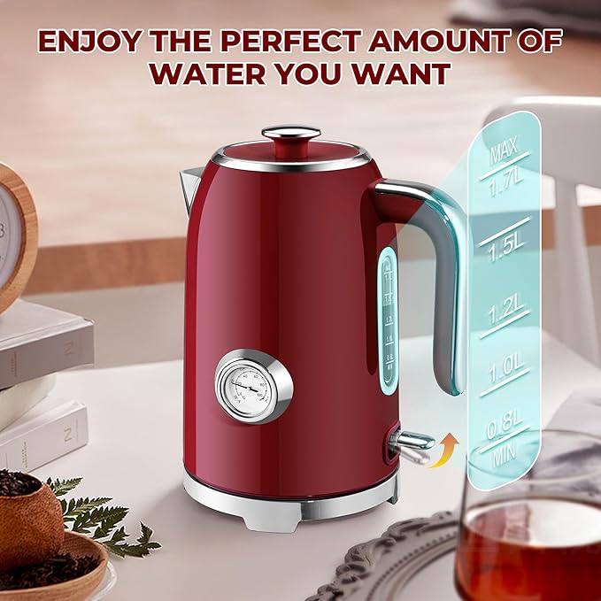 SUSTEAS Electric Kettle - 57oz Hot Tea Water Boiler with Thermometer, 1500W Fast Heating Stainless Steel Pot, Cordless LED Indicator, Auto Shut-Off & Boil Dry Protection, Red