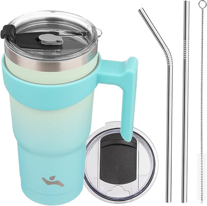 20 oz Tumbler with Handle and 2 Straw 2 Lid, Insulated Water Bottle Stainless Steel Vacuum Cup Reusable Travel Mug, Mint