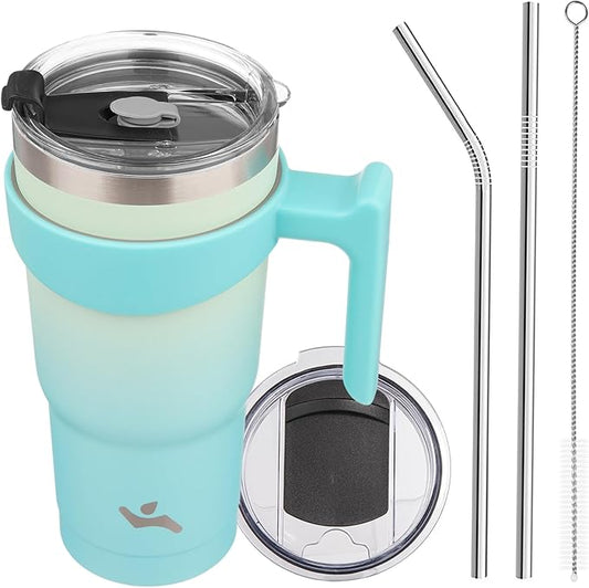 20 oz Tumbler with Handle and 2 Straw 2 Lid, Insulated Water Bottle Stainless Steel Vacuum Cup Reusable Travel Mug, Mint