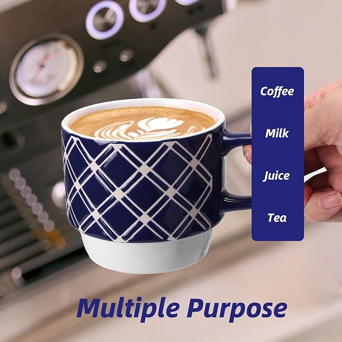 Schliersee 12 OZ Stackable Ceramic Coffee Mugs set of 6, Geometric Floral Pattern Small Mug, Blue White Porcelain Coffee Mug, Stacking Coffee Mugs, Tea Mug, Water Cup, Dishwasher Safe, Microwave Safe