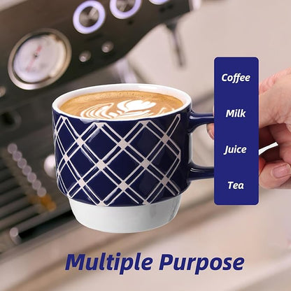 Schliersee 12 OZ Stackable Ceramic Coffee Mugs set of 6, Geometric Floral Pattern Small Mug, Blue White Porcelain Coffee Mug, Stacking Coffee Mugs, Tea Mug, Water Cup, Dishwasher Safe, Microwave Safe