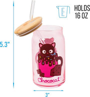 Silver Buffalo Sanrio Hello Kitty & Friends Chococat Chocolate Pink Glass Jar Tumbler with Bamboo Lid and Glass Straw, 16 Ounces